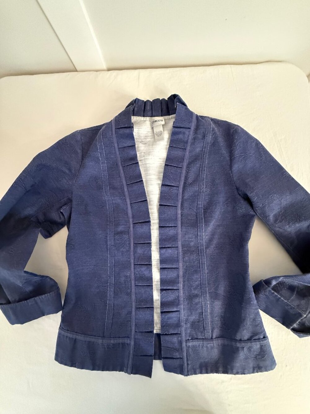 Chico's Blue Floral Brocade Open Front Ruffle Blazer Jacket size 0